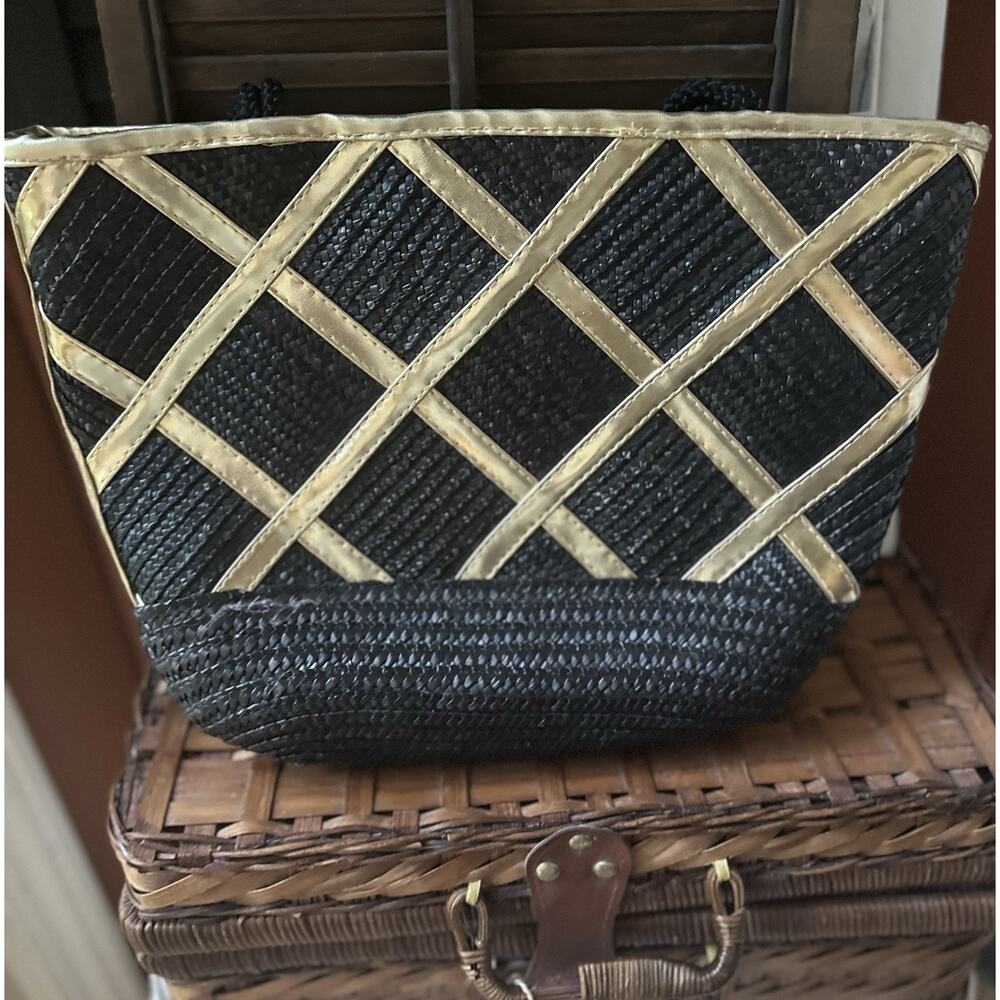 Vintage Worthington Raffia Black Gold Geometric Resort Boho Hipster Tote Purse